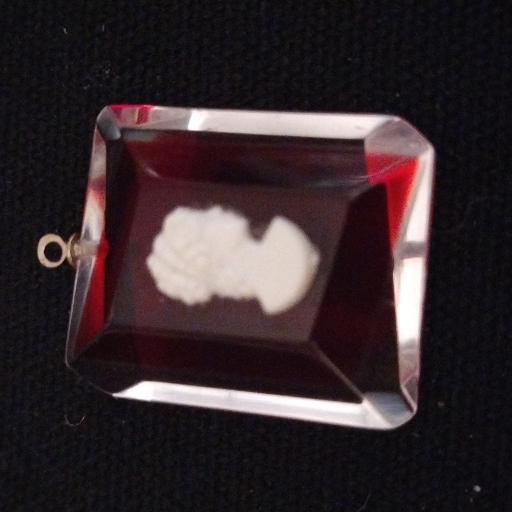 Vintage Red Lucite Beveled Cameo Pendant